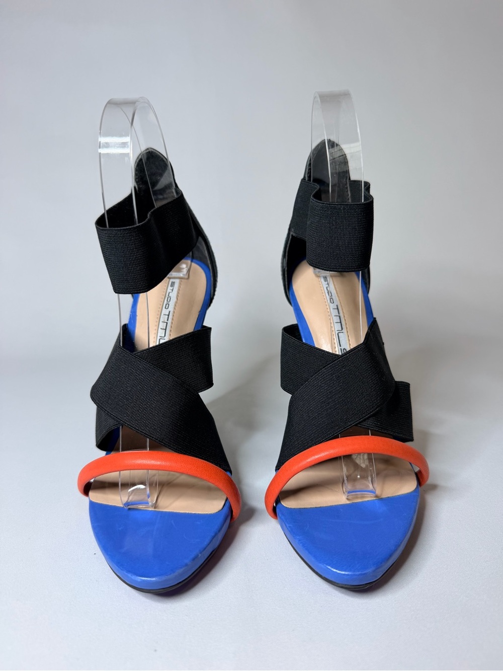 Black Strappy Heels with Blue Footbed and Orange Front Strap